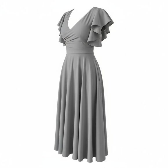 Dokotoo Aqua Gray Flutter Sleeve Midi Dress Women Size Medium V-Neck Fit & Flare - Picture 3 of 8